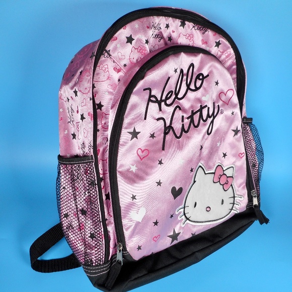 Hello Kitty Sanrio Light Pink Black Backpack Hearts Stars School Embroidered - Picture 11 of 14